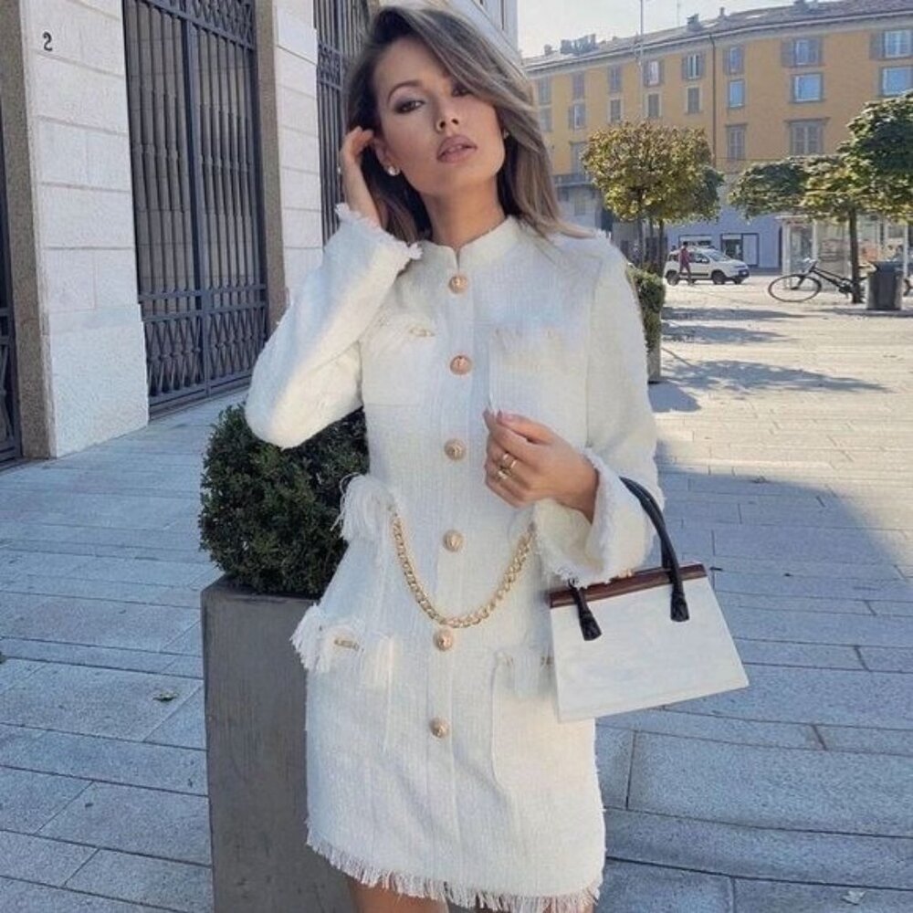 Luxdress Chunky Chain Fringe Button Front Long Sleeve Tweed Mini Dress